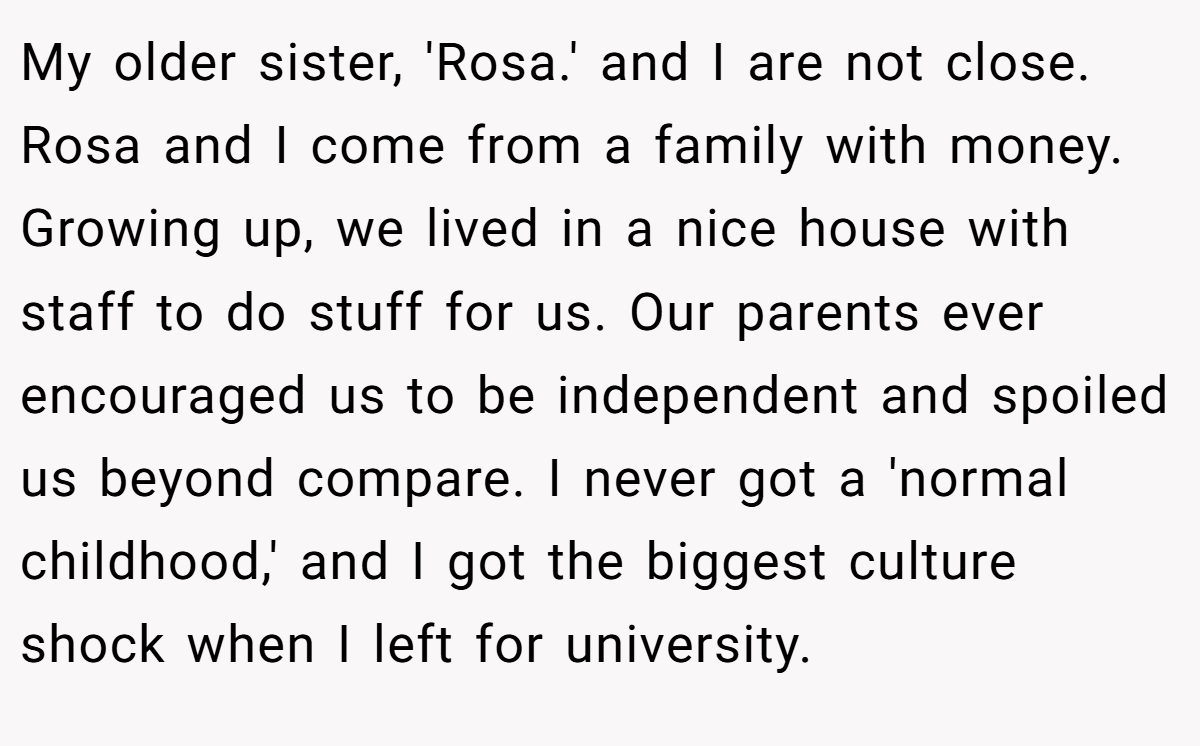 My older sister, 'Rosa.' and I are not close. Rosa and I come from a family with money. Growing up, we lived in a nice house with staff to do stuff for us. Our parents ever encouraged us to be independent and spoiled us beyond compare. I never got a 'normal childhood,' and I got the biggest culture shock when I left for university.