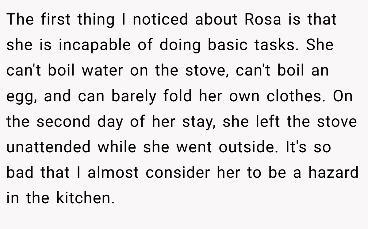 The first thing I noticed about Rosa is that she is incapable of doing basic tasks. She can't boil water on the stove, can't boil an egg, and can barely fold her own clothes. On the second day of her stay, she left the stove unattended while she went outside. It's so bad that I almost consider her to be a hazard in the kitchen.