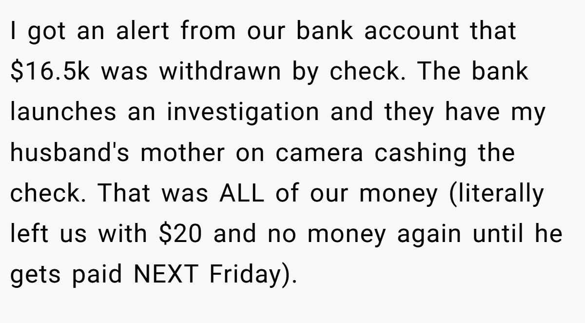 I got an alert from our bank account that $16.5k was withdrawn by check. The bank launches an investigation and they have my husband's mother on camera cashing the check. That was ALL of our money (literally left us with $20 and no money again until he gets paid NEXT Friday).