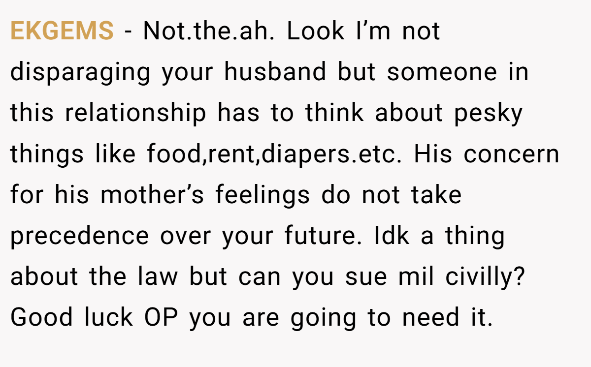 EKGEMS - Not.the.ah. Look I’m not disparaging your husband but someone in this relationship has to think about pesky things like food,rent,diapers.etc. His concern for his mother’s feelings do not take precedence over your future. Idk a thing about the law but can you sue mil civilly? Good luck OP you are going to need it.