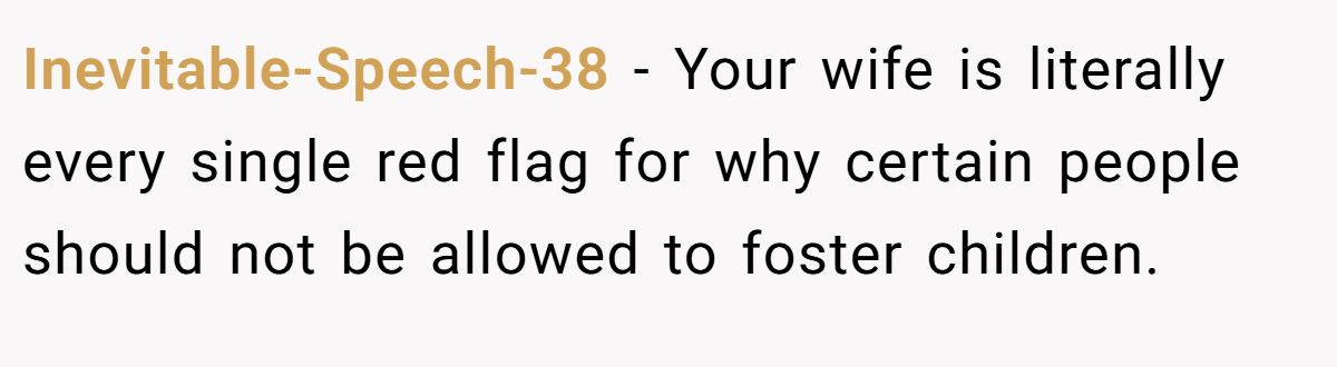 Inevitable-Speech-38 - Your wife is literally every single red flag for why certain people should not be allowed to foster children.