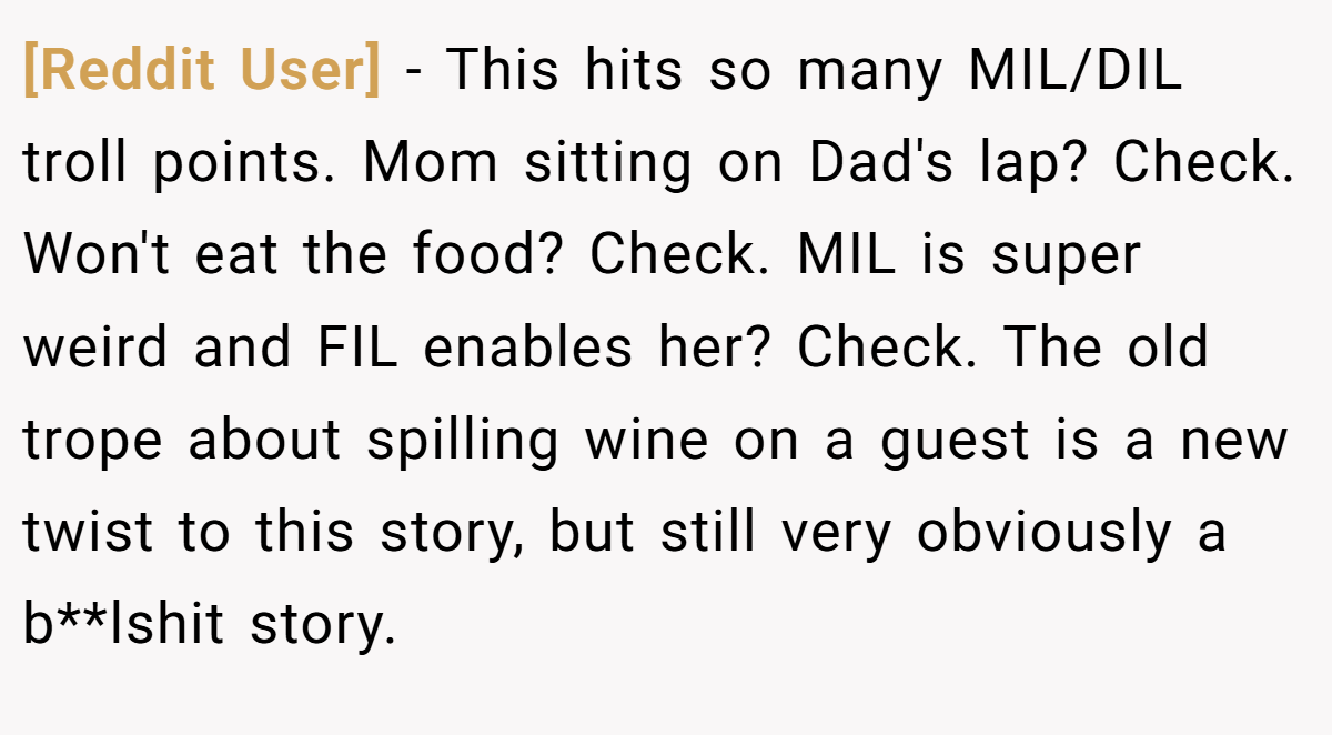[Reddit User] − This hits so many MIL/DIL troll points. Mom sitting on Dad's lap? Check. Won't eat the food? Check. MIL is super weird and FIL enables her? Check. The old trope about spilling wine on a guest is a new twist to this story, but still very obviously a b**lshit story.