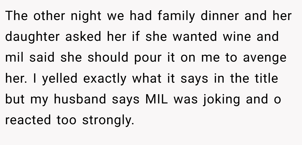 The other night we had family dinner and her daughter asked her if she wanted wine and mil said she should pour it on me to avenge her. I yelled exactly what it says in the title but my husband says MIL was joking and o reacted too strongly.