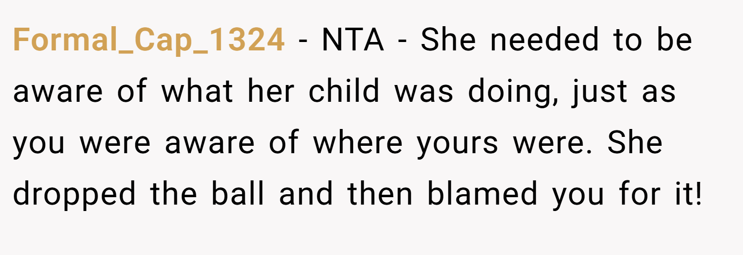 Formal_Cap_1324 − NTA - She needed to be aware of what her child was doing, just as you were aware of where yours were. She dropped the ball and then blamed you for it!