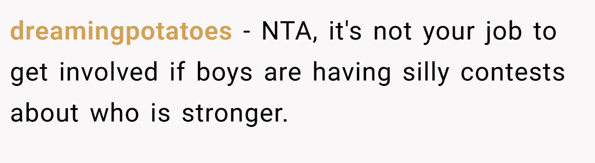 dreamingpotatoes - NTA, it's not your job to get involved if boys are having silly contests about who is stronger.