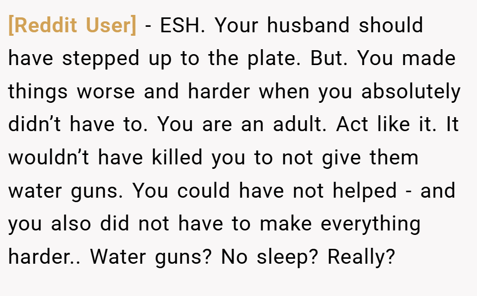 [Reddit User] − ESH. Your husband should have stepped up to the plate. But. You made things worse and harder when you absolutely didn’t have to. You are an adult. Act like it. It wouldn’t have killed you to not give them water guns. You could have not helped - and you also did not have to make everything harder.. Water guns? No sleep? Really?