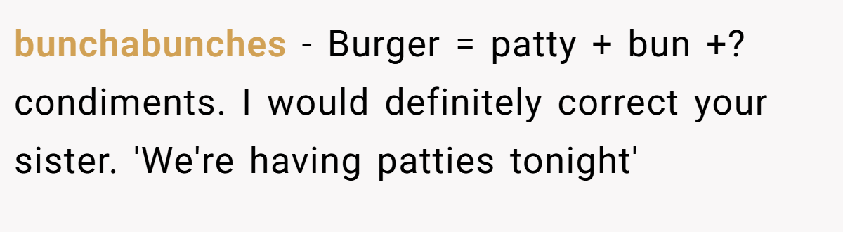 bunchabunches − Burger = patty + bun +? condiments. I would definitely correct your sister. 'We're having patties tonight'