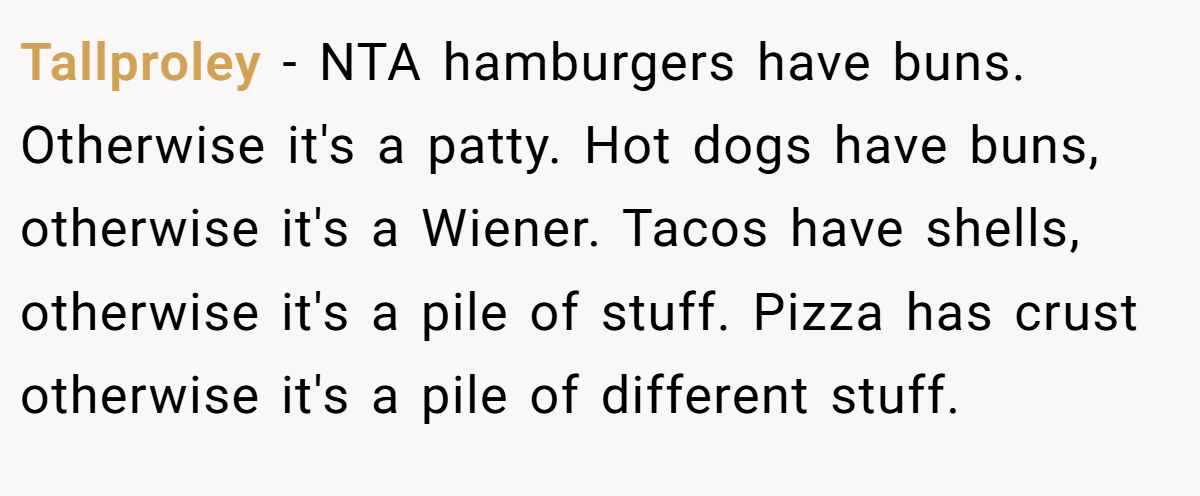 Tallproley − NTA hamburgers have buns. Otherwise it's a patty. Hot dogs have buns, otherwise it's a Wiener. Tacos have shells, otherwise it's a pile of stuff. Pizza has crust otherwise it's a pile of different stuff.