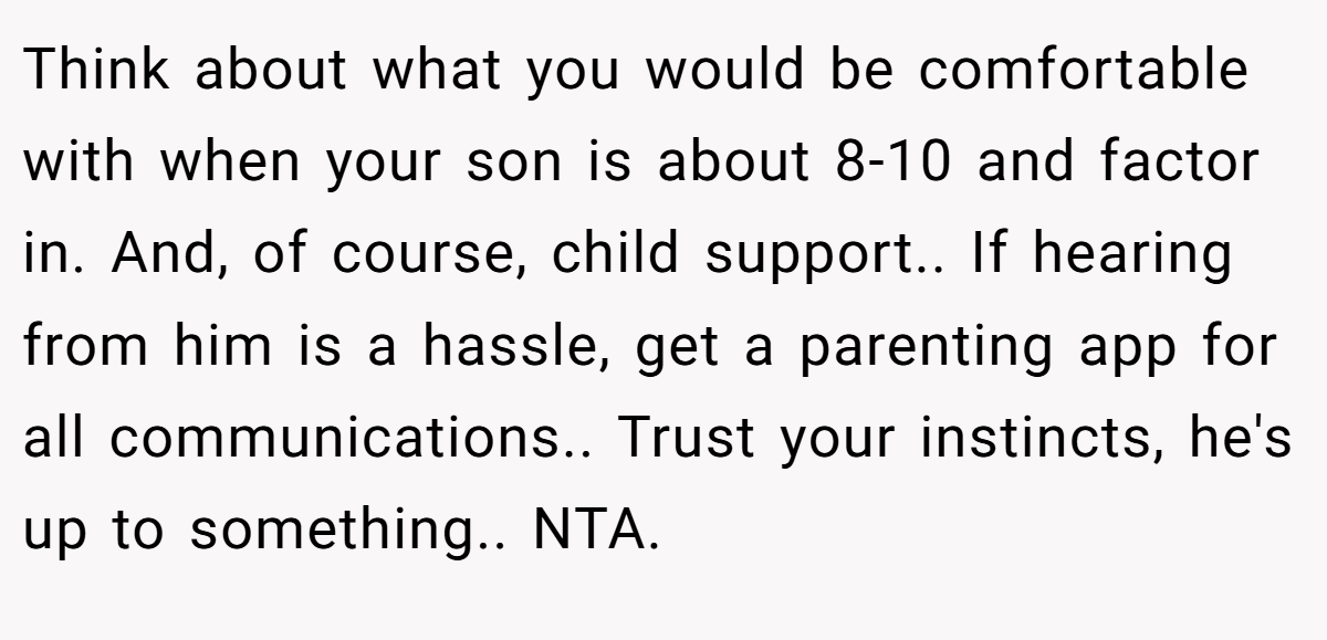 Think about what you would be comfortable with when your son is about 8-10 and factor in. And, of course, child support.. If hearing from him is a hassle, get a parenting app for all communications.. Trust your instincts, he's up to something.. NTA.