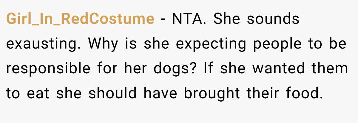 Girl_In_RedCostume - NTA. She sounds exausting. Why is she expecting people to be responsible for her dogs? If she wanted them to eat she should have brought their food.