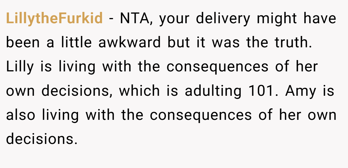 LillytheFurkid − NTA, your delivery might have been a little awkward but it was the truth. Lilly is living with the consequences of her own decisions, which is adulting 101. Amy is also living with the consequences of her own decisions.