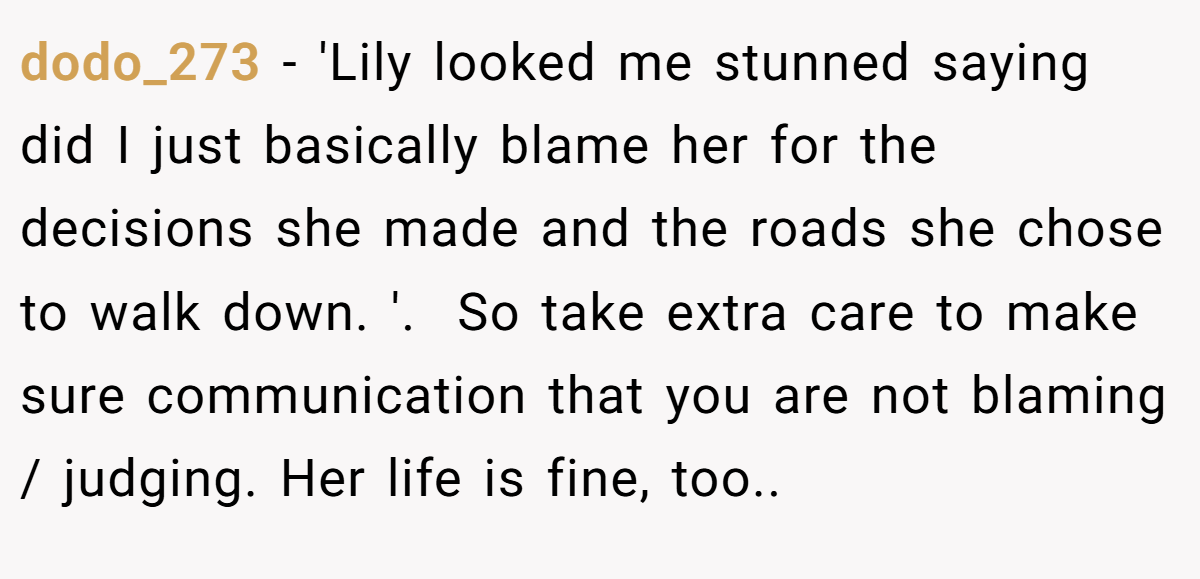 dodo_273 − 'Lily looked me stunned saying did I just basically blame her for the decisions she made and the roads she chose to walk down. '. ​ So take extra care to make sure communication that you are not blaming / judging. Her life is fine, too.. ​