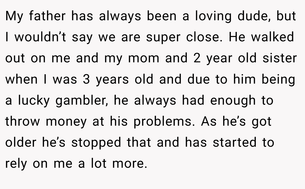 My father has always been a loving dude, but I wouldn’t say we are super close. He walked out on me and my mom and 2 year old sister when I was 3 years old and due to him being a lucky gambler, he always had enough to throw money at his problems. As he’s got older he’s stopped that and has started to rely on me a lot more.