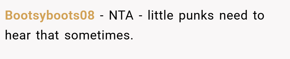 Bootsyboots08 − NTA - little punks need to hear that sometimes.