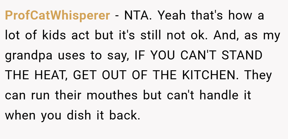 ProfCatWhisperer − NTA. Yeah that's how a lot of kids act but it's still not ok. And, as my grandpa uses to say, IF YOU CAN'T STAND THE HEAT, GET OUT OF THE KITCHEN. They can run their mouthes but can't handle it when you dish it back.