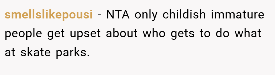 smellslikepousi − NTA only childish immature people get upset about who gets to do what at skate parks.