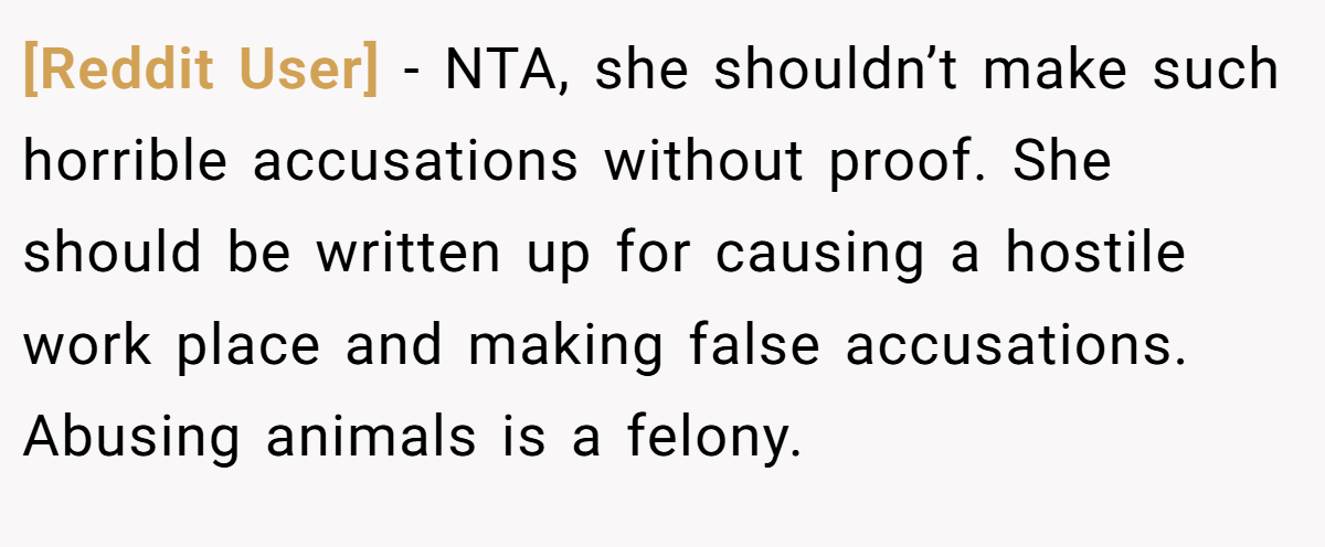 [Reddit User] − NTA, she shouldn’t make such horrible accusations without proof. She should be written up for causing a hostile work place and making false accusations. Abusing animals is a felony.