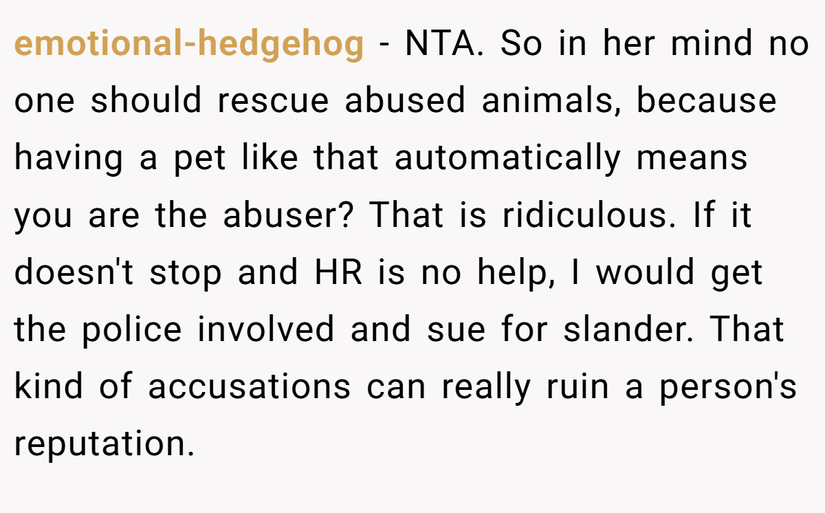emotional-hedgehog − NTA. So in her mind no one should rescue abused animals, because having a pet like that automatically means you are the abuser? That is ridiculous. If it doesn't stop and HR is no help, I would get the police involved and sue for slander. That kind of accusations can really ruin a person's reputation.