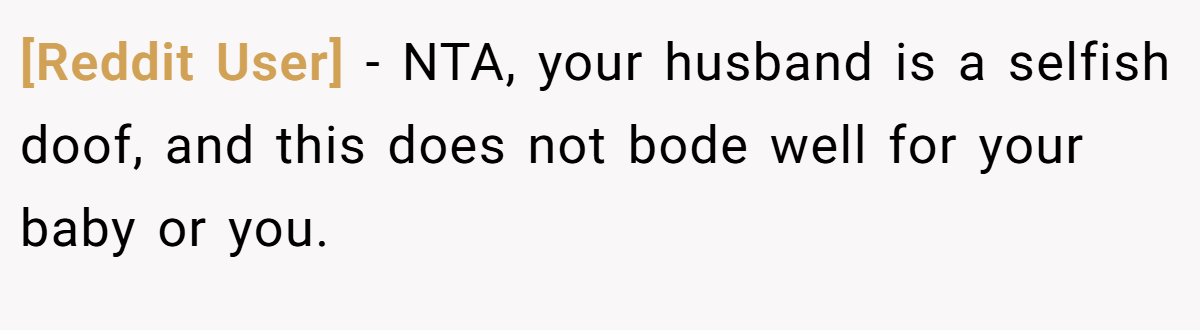 [Reddit User] − NTA, your husband is a selfish doof, and this does not bode well for your baby or you.