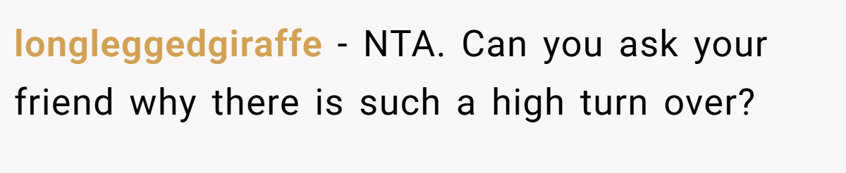 longleggedgiraffe - NTA. Can you ask your friend why there is such a high turn over?