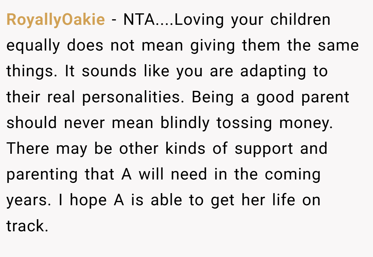 RoyallyOakie − NTA....Loving your children equally does not mean giving them the same things. It sounds like you are adapting to their real personalities. Being a good parent should never mean blindly tossing money. There may be other kinds of support and parenting that A will need in the coming years. I hope A is able to get her life on track.