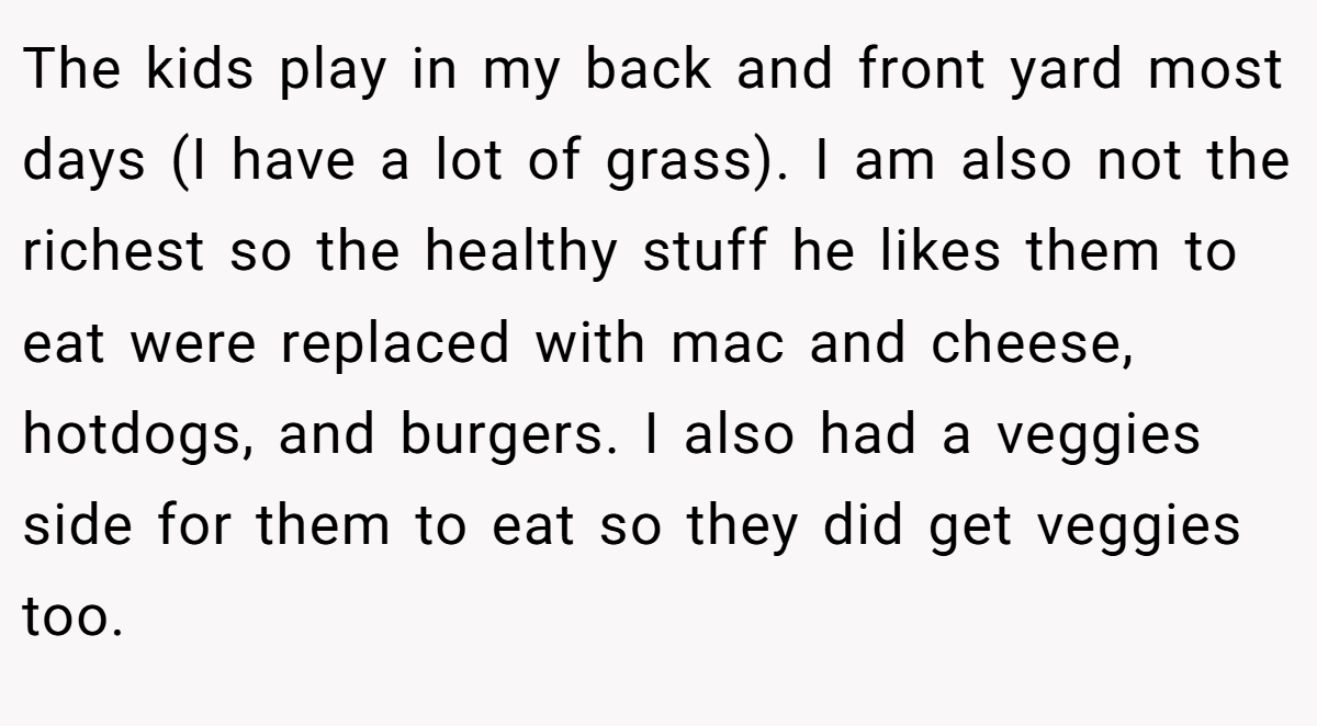 The kids play in my back and front yard most days (I have a lot of grass). I am also not the richest so the healthy stuff he likes them to eat were replaced with mac and cheese, hotdogs, and burgers. I also had a veggies side for them to eat so they did get veggies too.