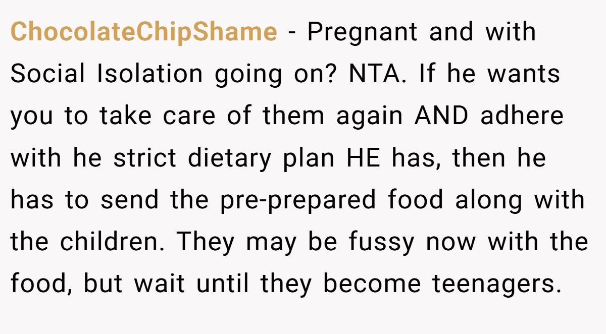 ChocolateChipShame - Pregnant and with Social Isolation going on? NTA. If he wants you to take care of them again AND adhere with he strict dietary plan HE has, then he has to send the pre-prepared food along with the children. They may be fussy now with the food, but wait until they become teenagers.
