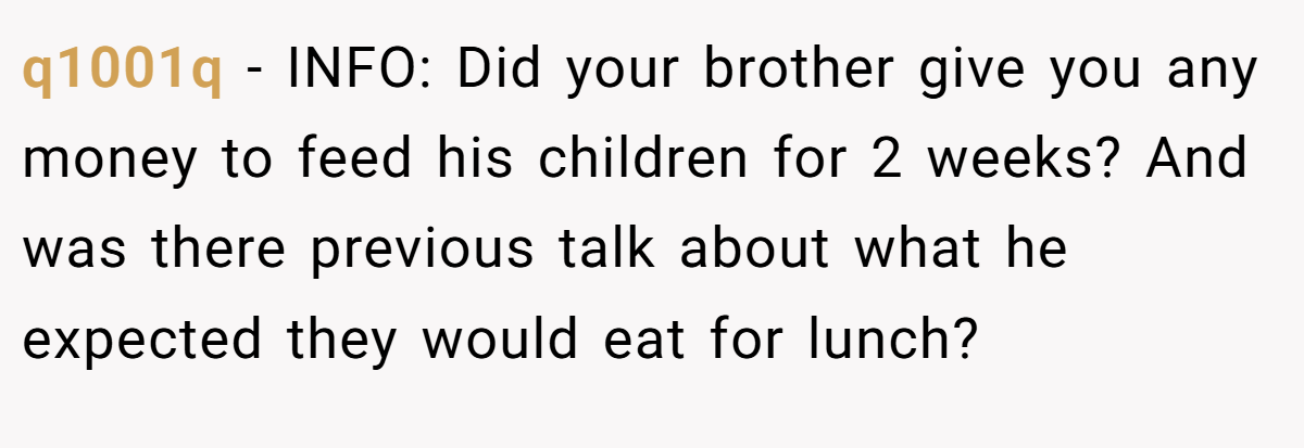 q1001q - INFO: Did your brother give you any money to feed his children for 2 weeks? And was there previous talk about what he expected they would eat for lunch?