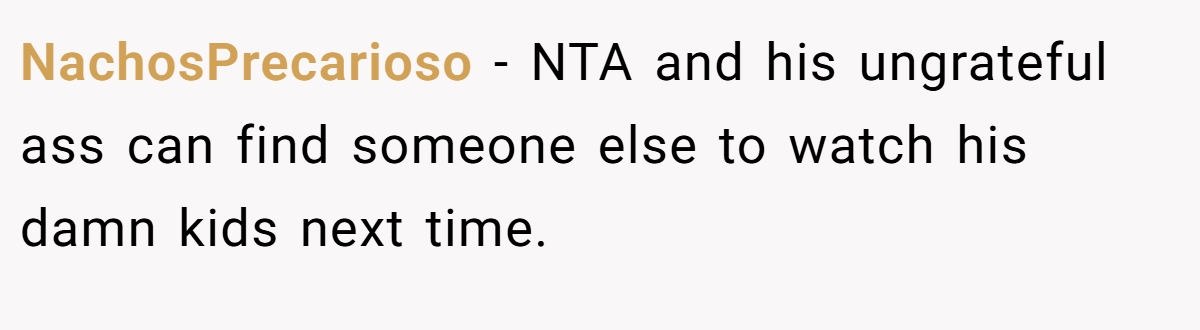 NachosPrecarioso - NTA and his ungrateful ass can find someone else to watch his damn kids next time.