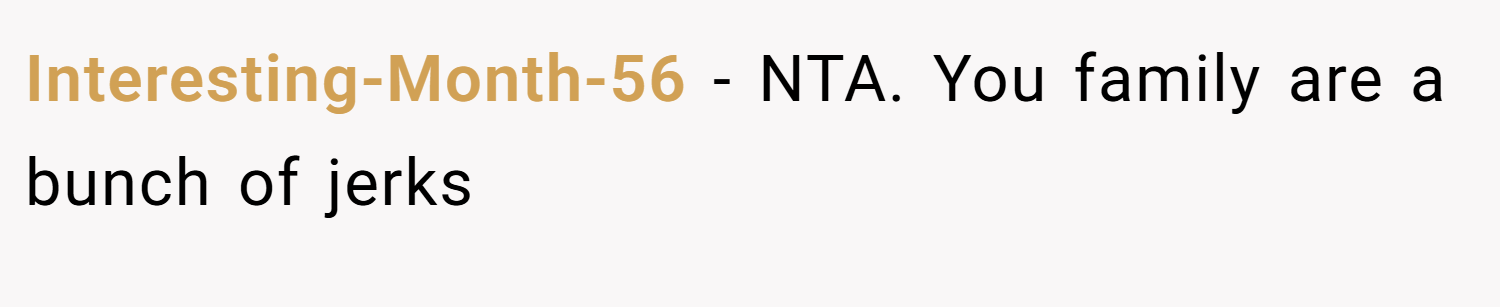 Interesting-Month-56 − NTA. You family are a bunch of jerks