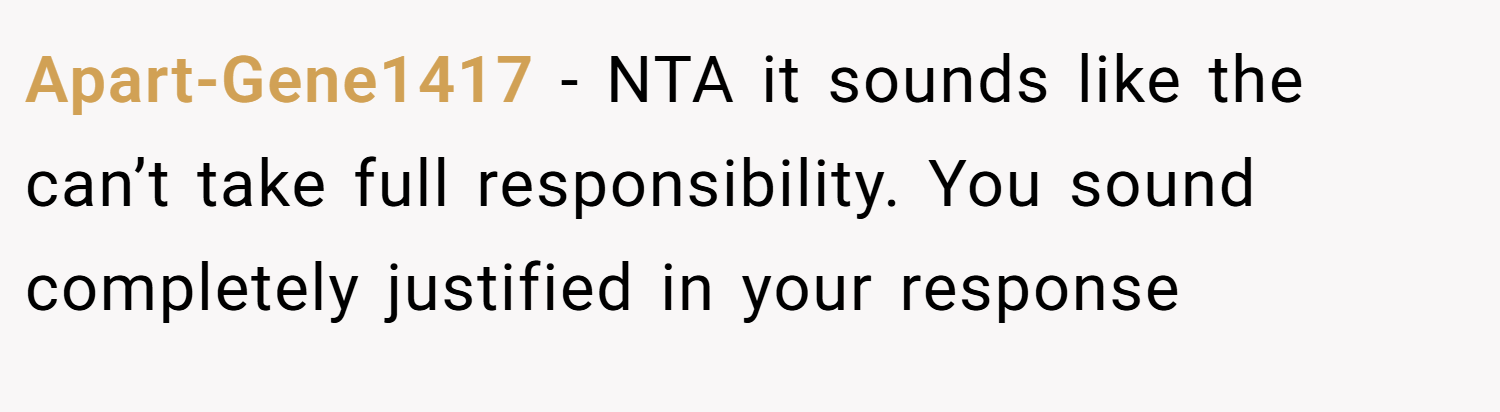 Apart-Gene1417 − NTA it sounds like the can’t take full responsibility. You sound completely justified in your response
