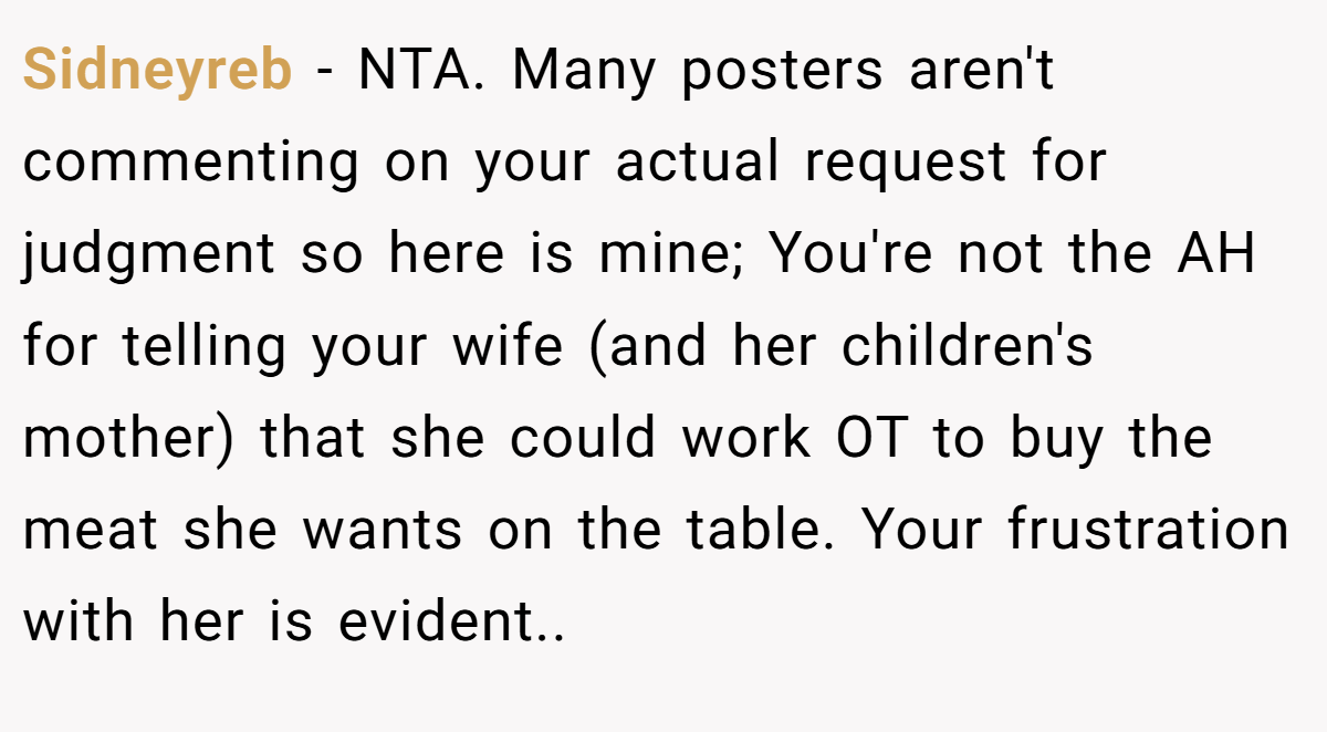 Sidneyreb − NTA. Many posters aren't commenting on your actual request for judgment so here is mine; You're not the AH for telling your wife (and her children's mother) that she could work OT to buy the meat she wants on the table. Your frustration with her is evident.. ​