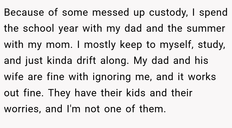Because of some messed up custody, I spend the school year with my dad and the summer with my mom. I mostly keep to myself, study, and just kinda drift along. My dad and his wife are fine with ignoring me, and it works out fine. They have their kids and their worries, and I'm not one of them.
