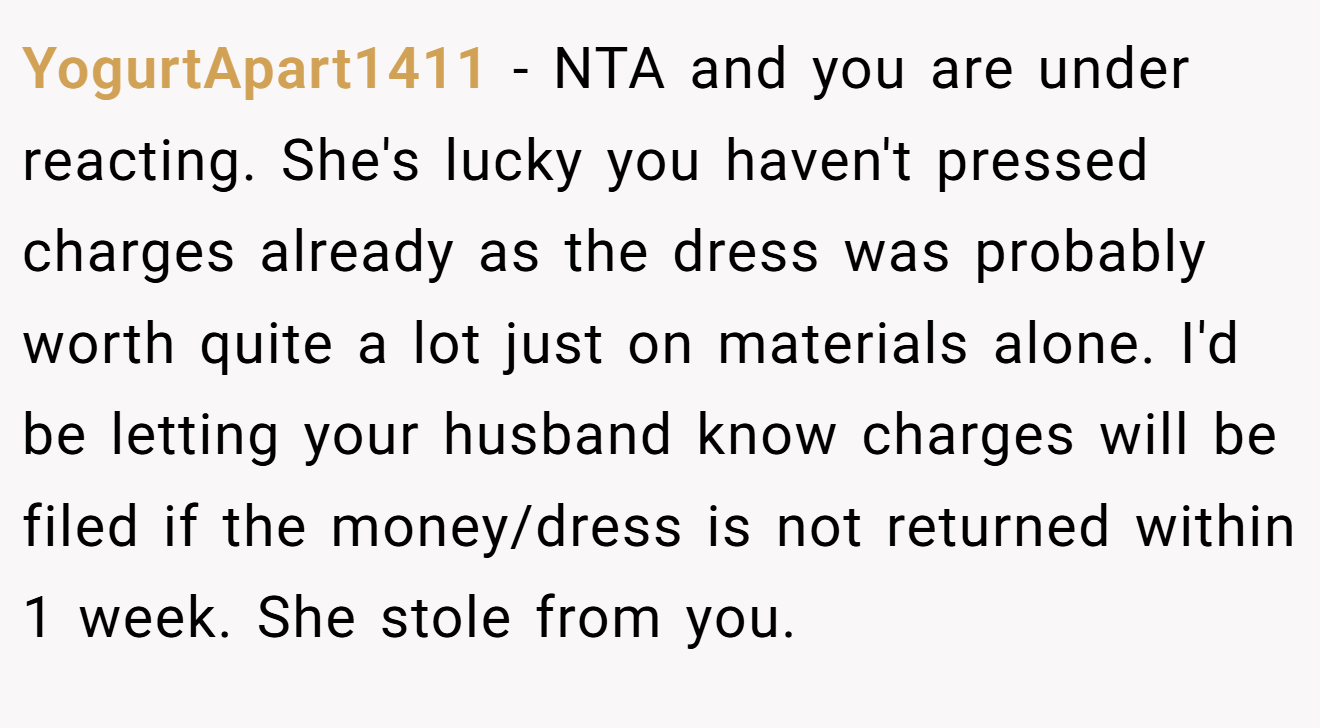 YogurtApart1411 − NTA and you are under reacting. She's lucky you haven't pressed charges already as the dress was probably worth quite a lot just on materials alone. I'd be letting your husband know charges will be filed if the money/dress is not returned within 1 week. She stole from you.