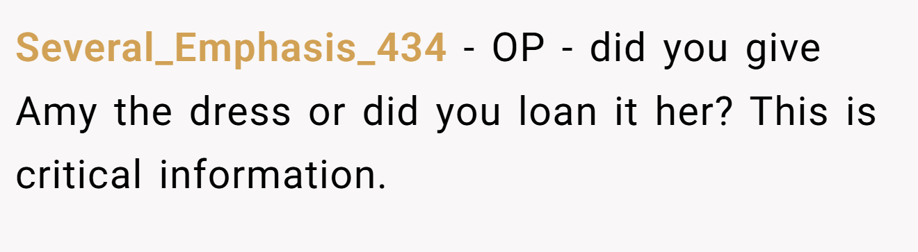 Several_Emphasis_434 − OP - did you give Amy the dress or did you loan it her? This is critical information.