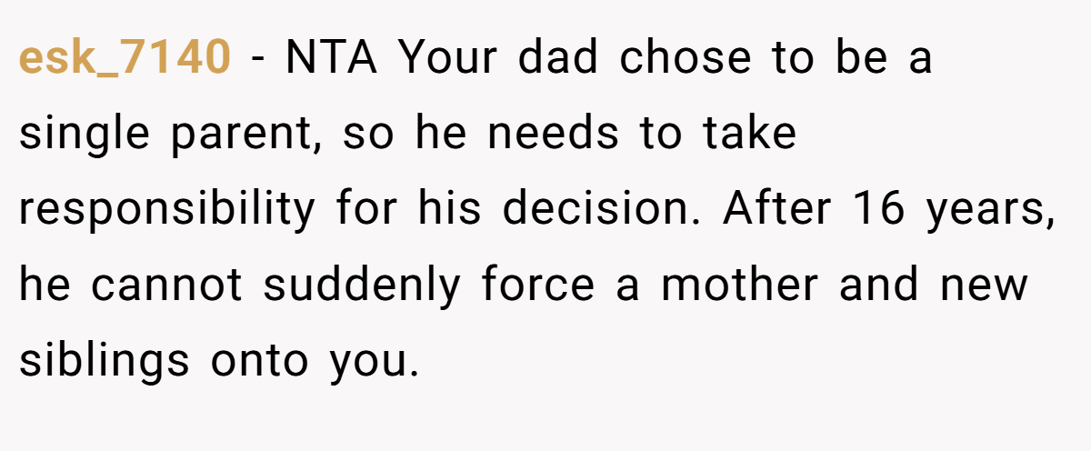 esk_7140 − NTA Your dad chose to be a single parent, so he needs to take responsibility for his decision. After 16 years, he cannot suddenly force a mother and new siblings onto you.