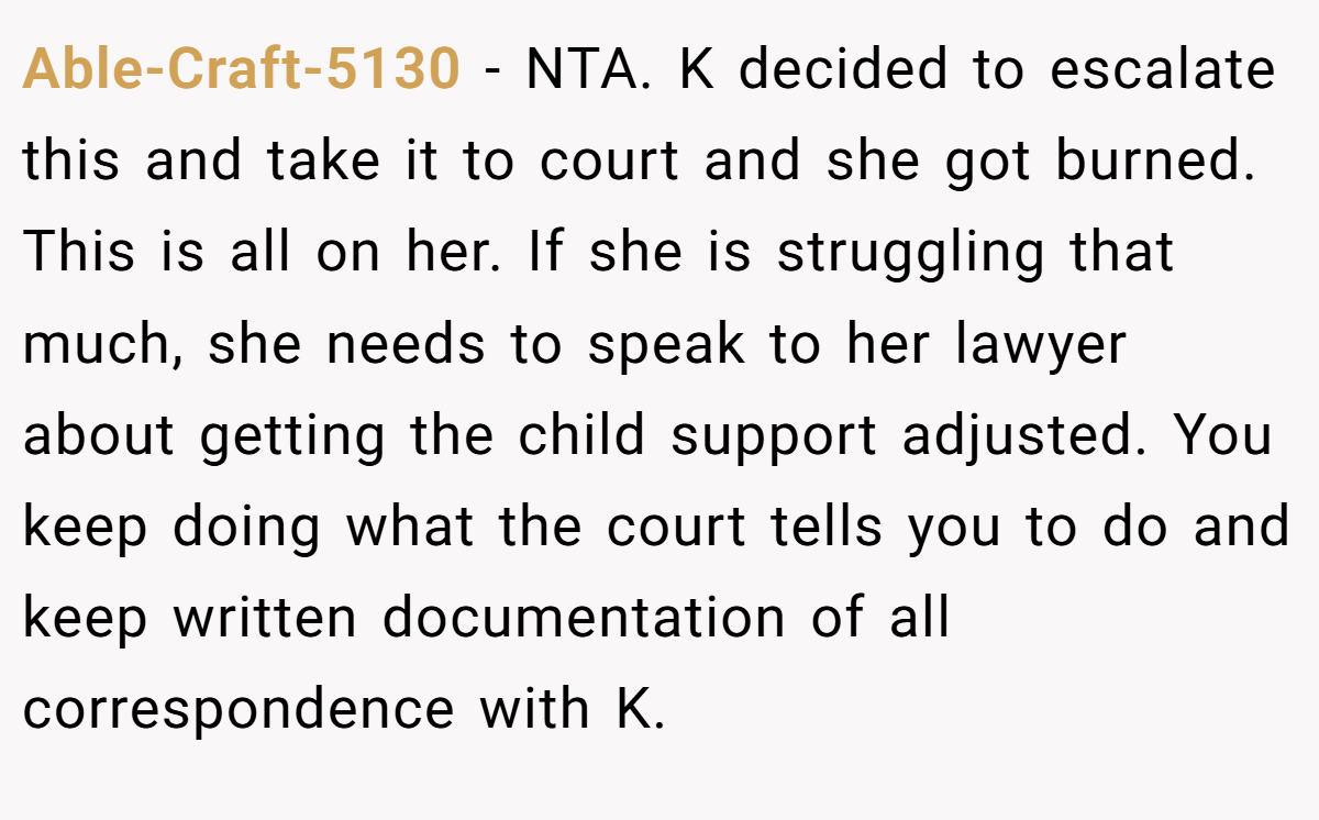 Able-Craft-5130 − NTA. K decided to escalate this and take it to court and she got burned. This is all on her. If she is struggling that much, she needs to speak to her lawyer about getting the child support adjusted. You keep doing what the court tells you to do and keep written documentation of all correspondence with K.