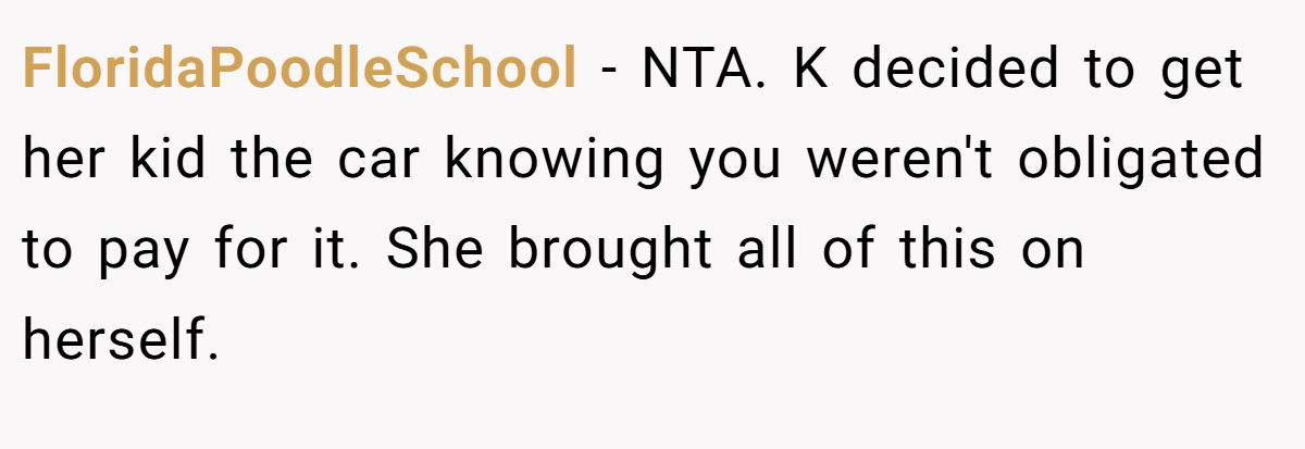 FloridaPoodleSchool − NTA. K decided to get her kid the car knowing you weren't obligated to pay for it. She brought all of this on herself.