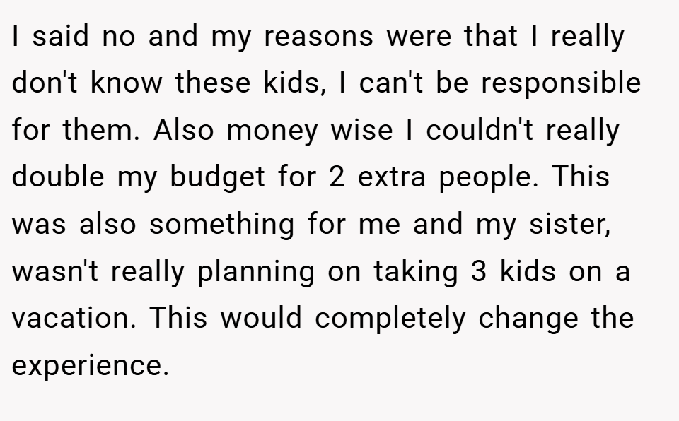 I said no and my reasons were that I really don't know these kids, I can't be responsible for them. Also money wise I couldn't really double my budget for 2 extra people. This was also something for me and my sister, wasn't really planning on taking 3 kids on a vacation. This would completely change the experience.