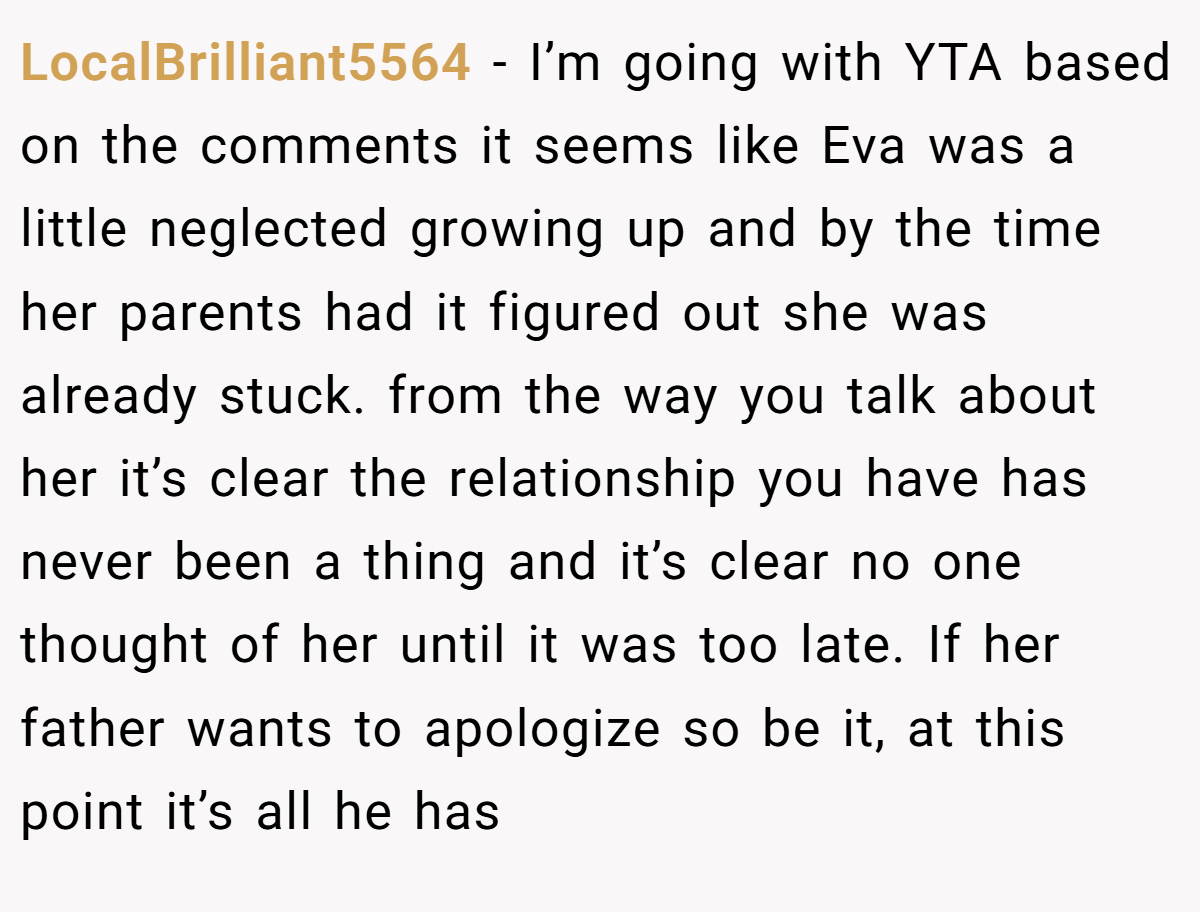 LocalBrilliant5564 − I’m going with YTA based on the comments it seems like Eva was a little neglected growing up and by the time her parents had it figured out she was already stuck. from the way you talk about her it’s clear the relationship you have has never been a thing and it’s clear no one thought of her until it was too late. If her father wants to apologize so be it, at this point it’s all he has