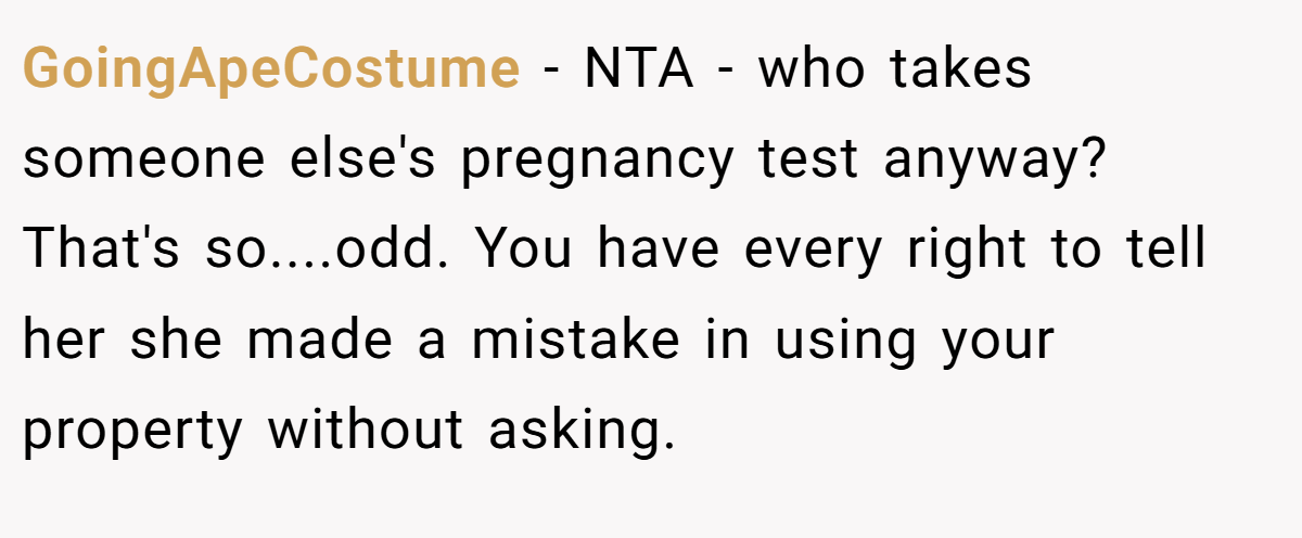 GoingApeCostume − NTA - who takes someone else's pregnancy test anyway? That's so....odd. You have every right to tell her she made a mistake in using your property without asking.