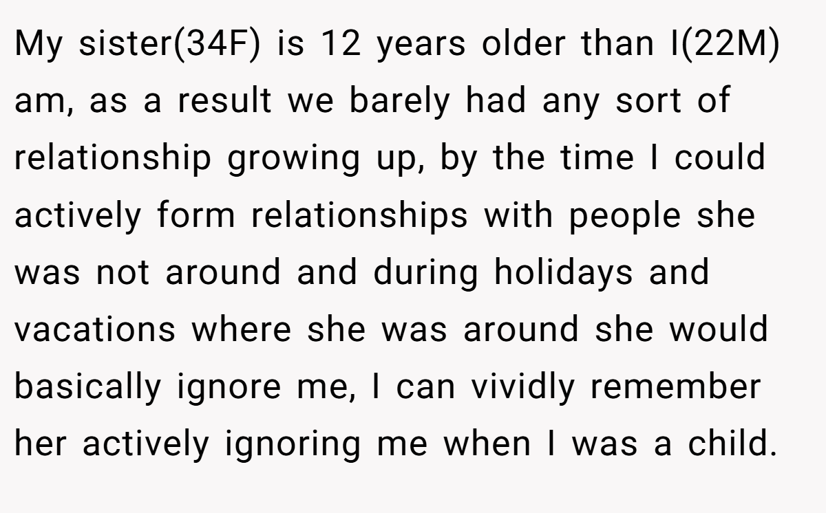 My sister(34F) is 12 years older than I(22M) am, as a result we barely had any sort of relationship growing up, by the time I could actively form relationships with people she was not around and during holidays and vacations where she was around she would basically ignore me, I can vividly remember her actively ignoring me when I was a child.