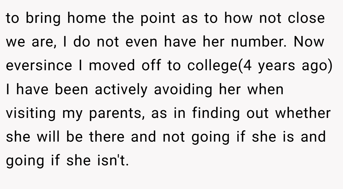 to bring home the point as to how not close we are, I do not even have her number. Now eversince I moved off to college(4 years ago) I have been actively avoiding her when visiting my parents, as in finding out whether she will be there and not going if she is and going if she isn't.
