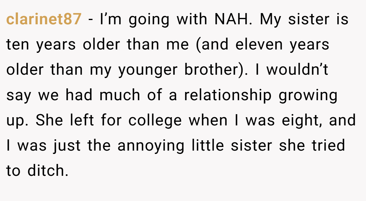 clarinet87 − I’m going with NAH. My sister is ten years older than me (and eleven years older than my younger brother). I wouldn’t say we had much of a relationship growing up. She left for college when I was eight, and I was just the annoying little sister she tried to ditch.