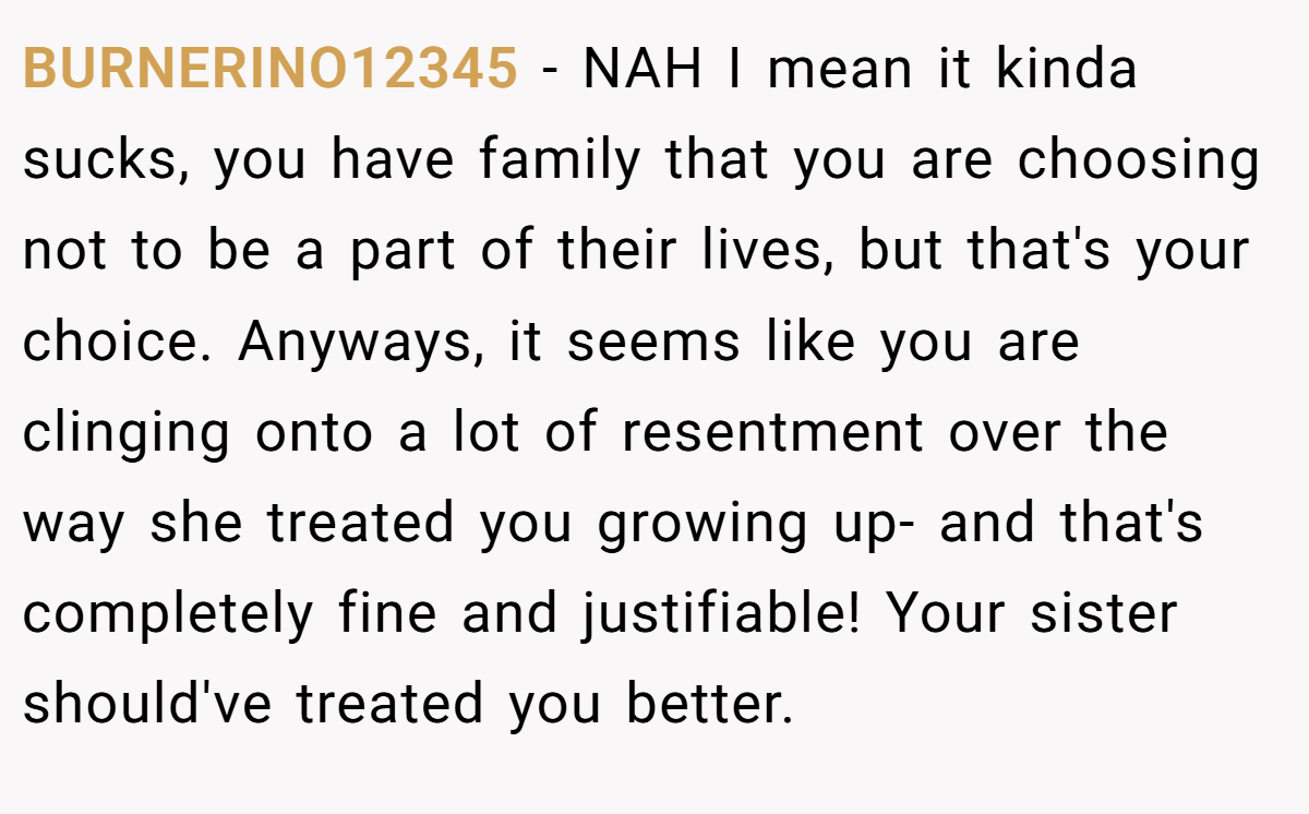BURNERINO12345 − NAH I mean it kinda sucks, you have family that you are choosing not to be a part of their lives, but that's your choice. Anyways, it seems like you are clinging onto a lot of resentment over the way she treated you growing up- and that's completely fine and justifiable! Your sister should've treated you better.