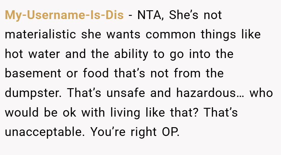 My-Username-Is-Dis − NTA, She’s not materialistic she wants common things like hot water and the ability to go into the basement or food that’s not from the dumpster. That’s unsafe and hazardous… who would be ok with living like that? That’s unacceptable. You’re right OP.