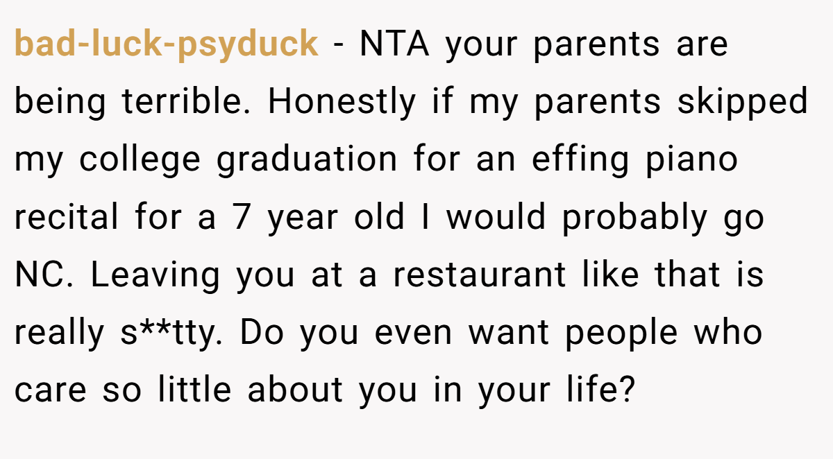 bad-luck-psyduck − NTA your parents are being terrible. Honestly if my parents skipped my college graduation for an effing piano recital for a 7 year old I would probably go NC. Leaving you at a restaurant like that is really s**tty. Do you even want people who care so little about you in your life?