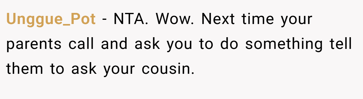 Unggue_Pot − NTA. Wow. Next time your parents call and ask you to do something tell them to ask your cousin.