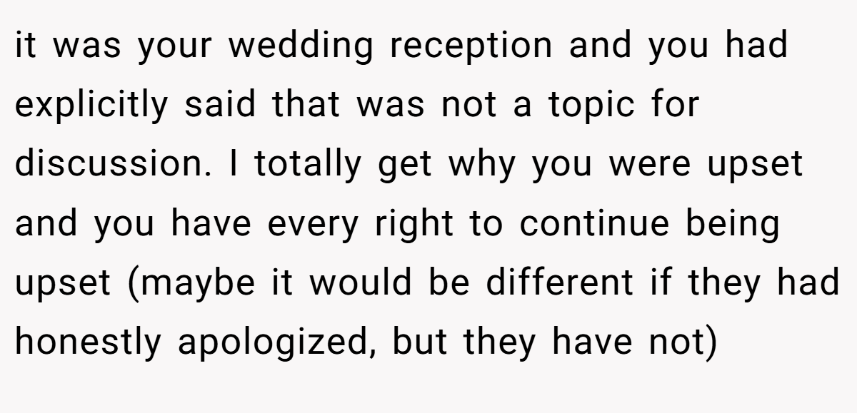 it was your wedding reception and you had explicitly said that was not a topic for discussion. I totally get why you were upset and you have every right to continue being upset (maybe it would be different if they had honestly apologized, but they have not)