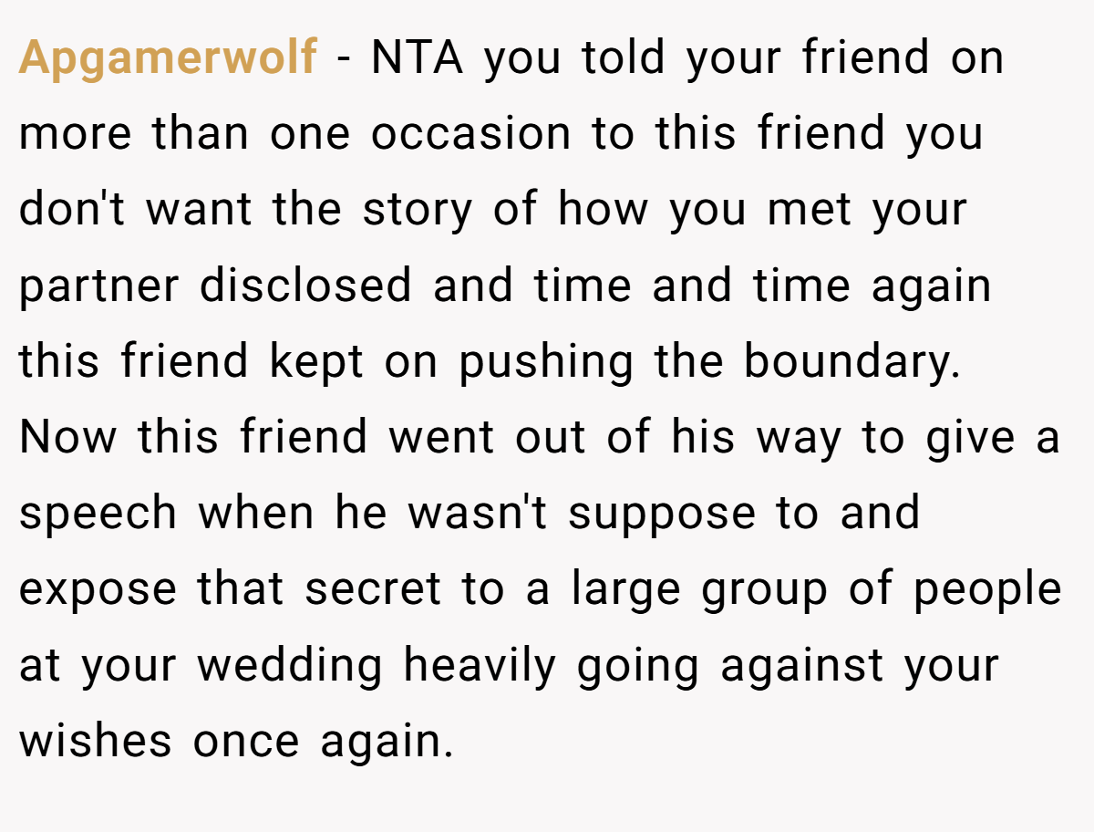 Apgamerwolf − NTA you told your friend on more than one occasion to this friend you don't want the story of how you met your partner disclosed and time and time again this friend kept on pushing the boundary. Now this friend went out of his way to give a speech when he wasn't suppose to and expose that secret to a large group of people at your wedding heavily going against your wishes once again.